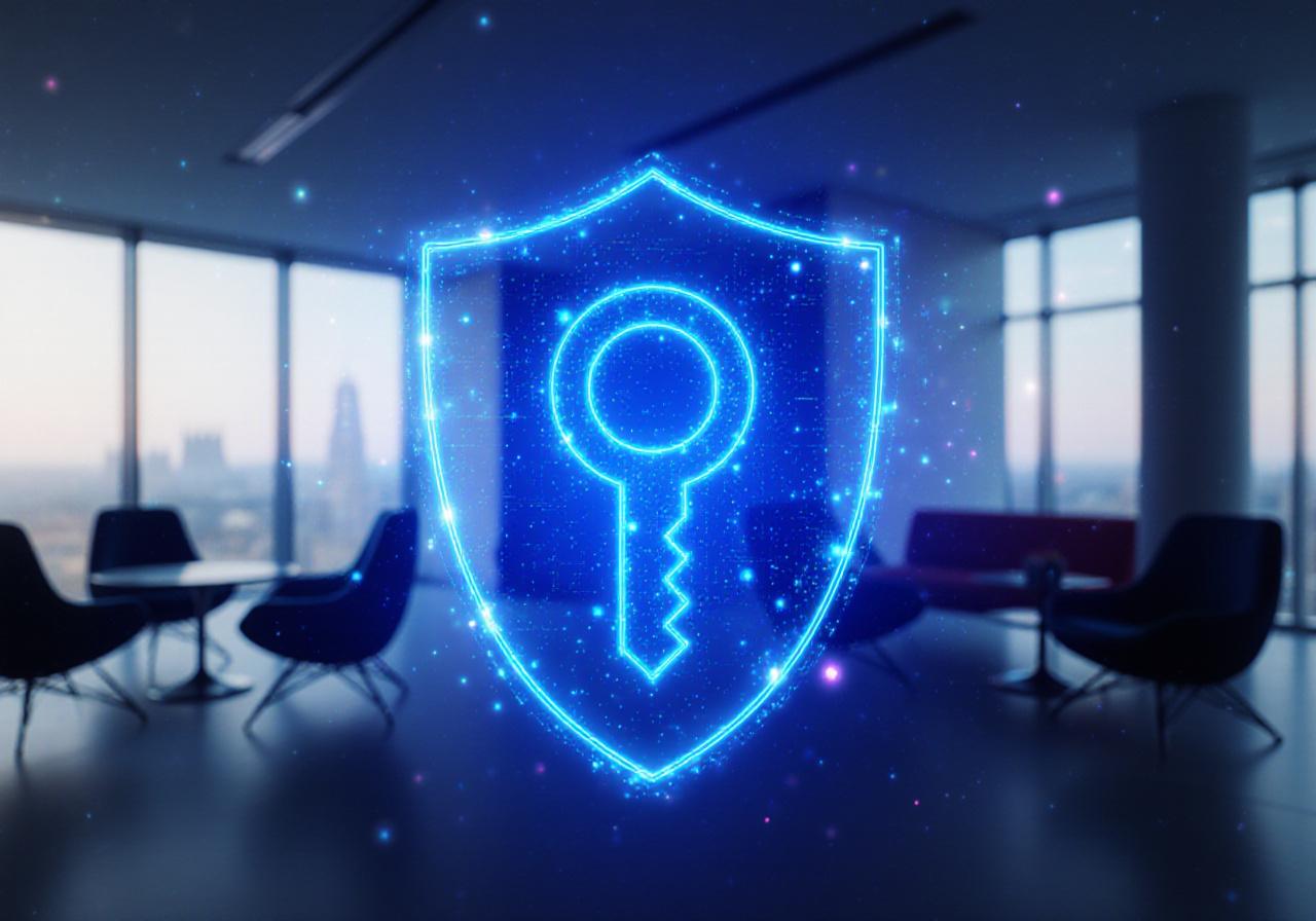 Security and data protection concept with abstract tech key overlay